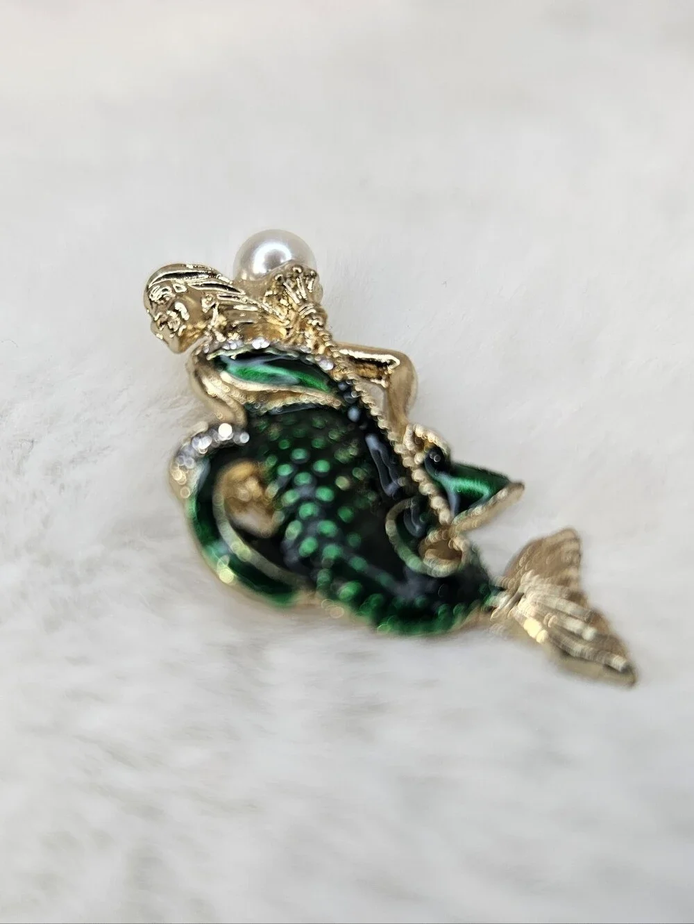 Gold & Emerald Green Mermaid Brooch with Pearl Accent